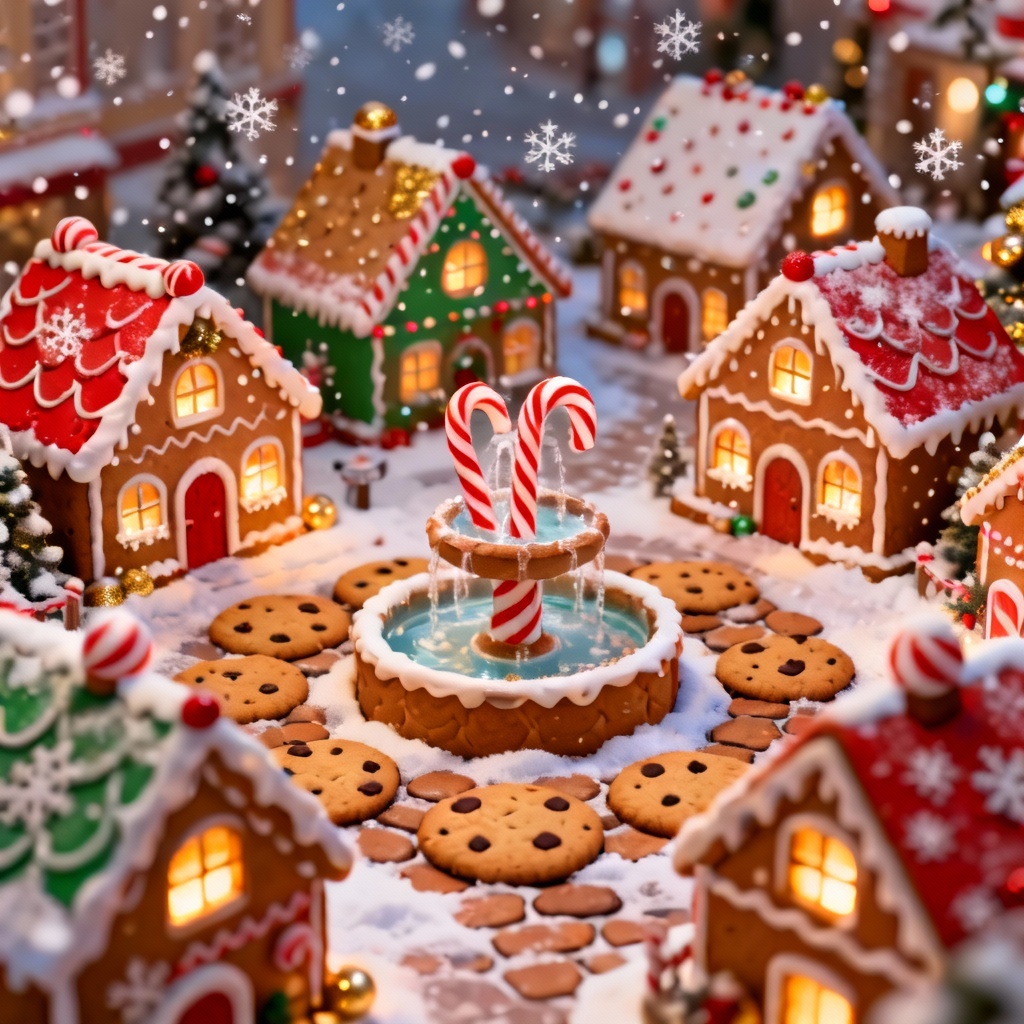 AI gingerbread village around a town square with peppermint fountain