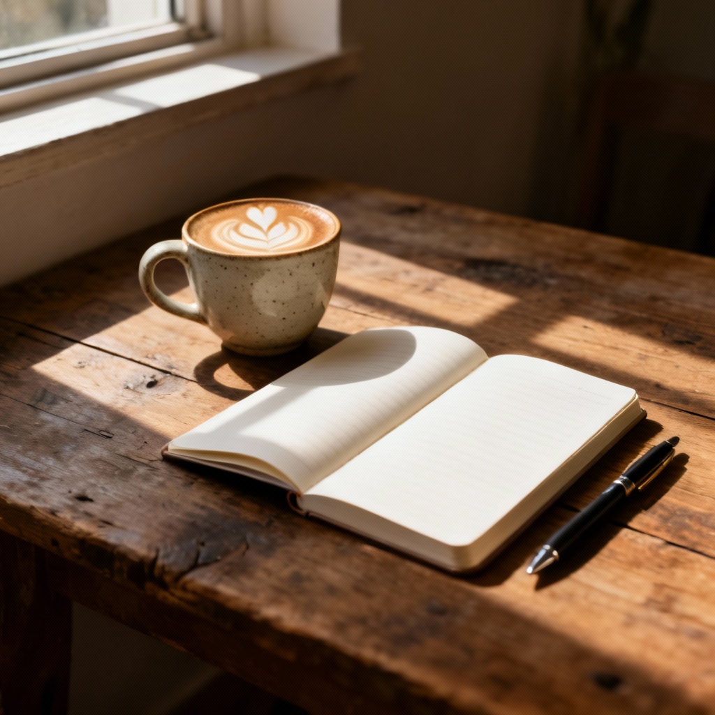 AI coffee and journal on rustic table