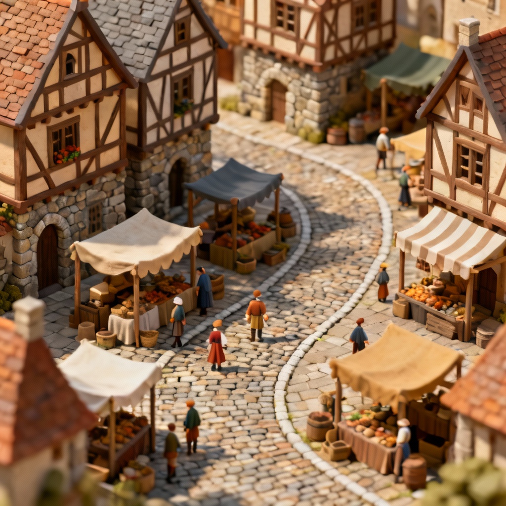 AI isometric medieval town market diorama