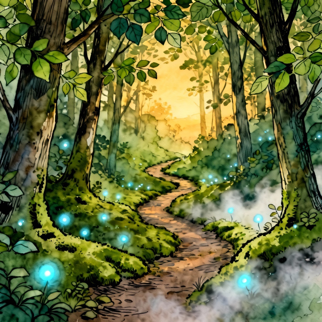 AI Ghibli-style mossy path with glowing spirit lights