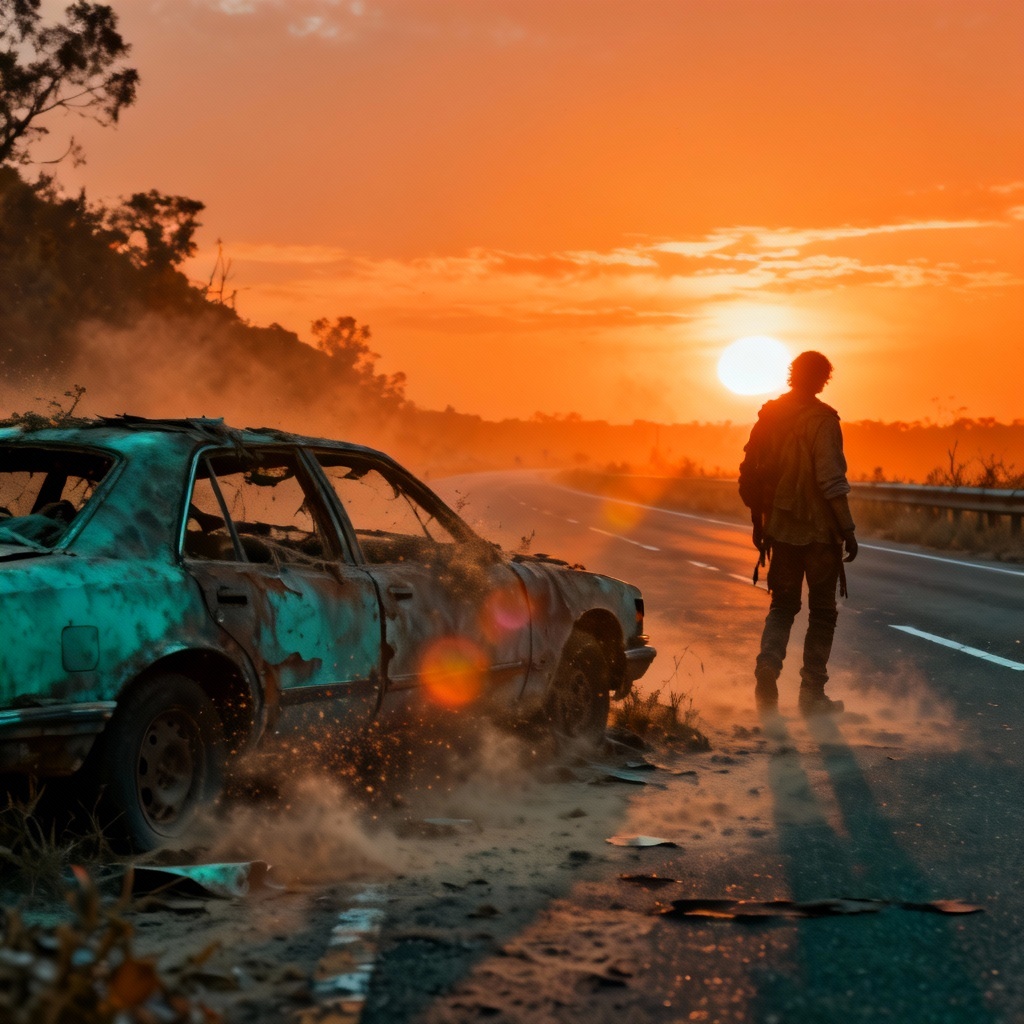 AI Post-Apocalyptic Highway Golden Hour