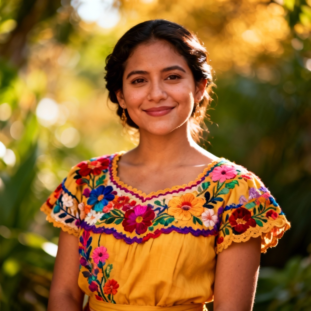 AI Latina cultural portrait in embroidered dress