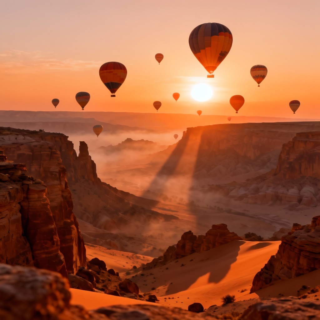 AI balloon festival at sunrise over rocky valleys