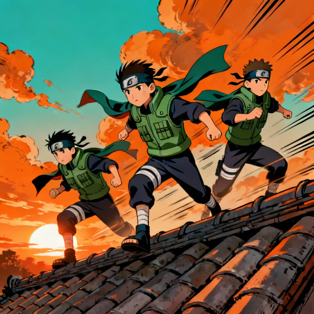 AI Naruto style trio of ninjas posing on a rooftop
