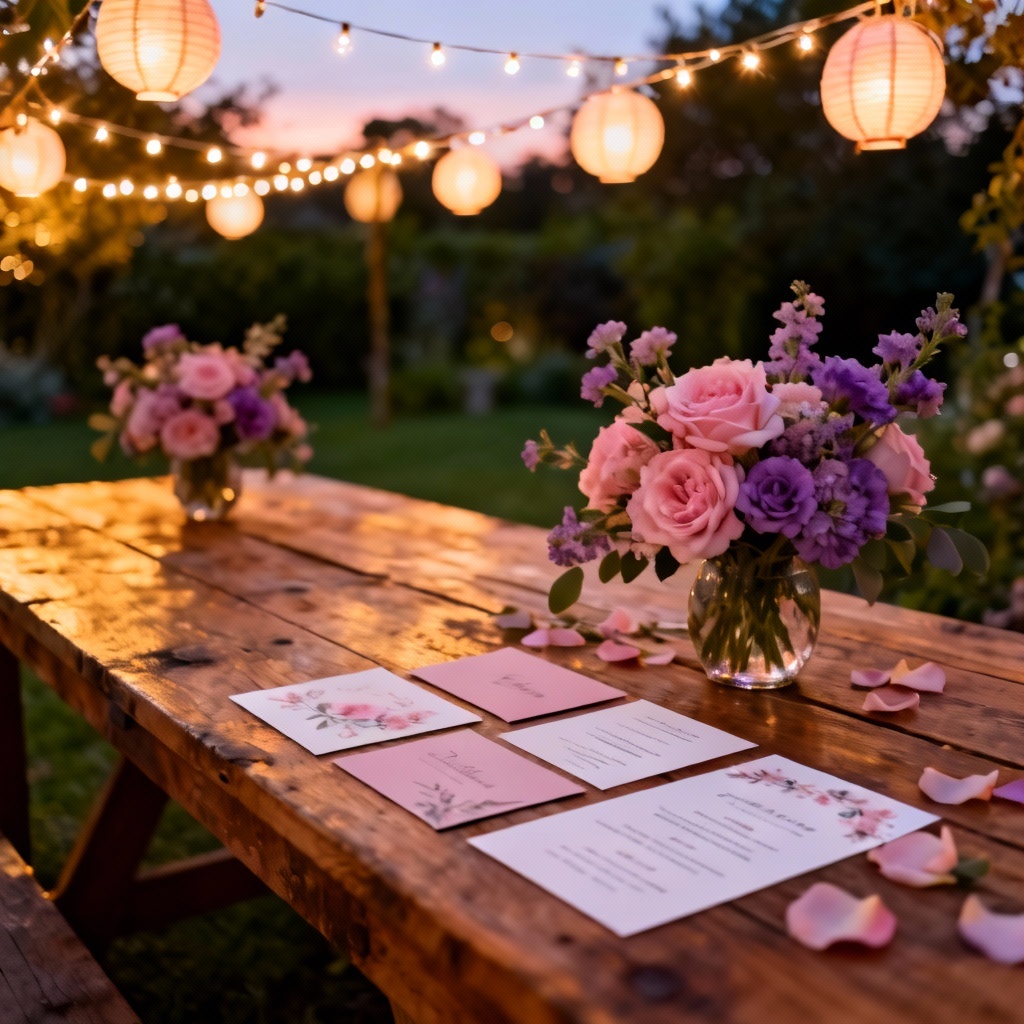 AI romantic garden evening reception with invitations and menu