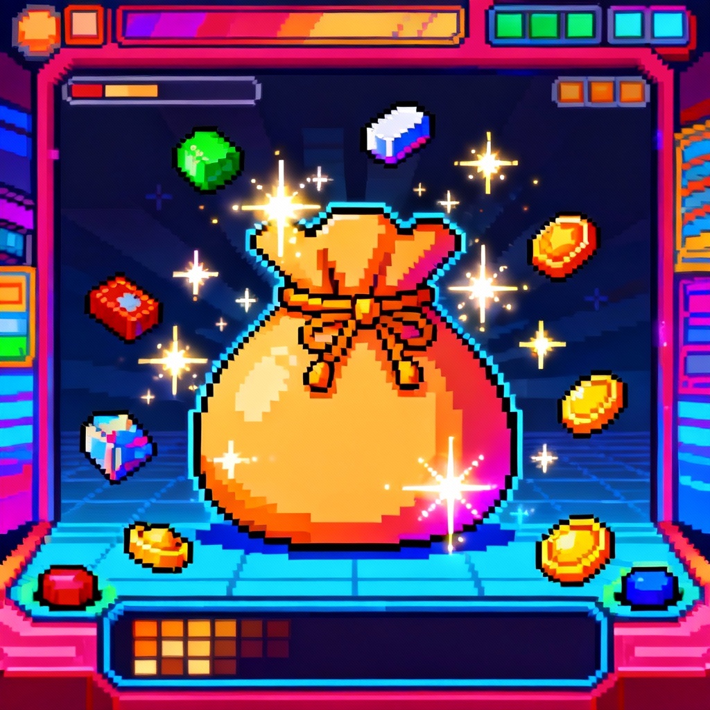 AI pixel art bokjumeoni with surprise loot popup