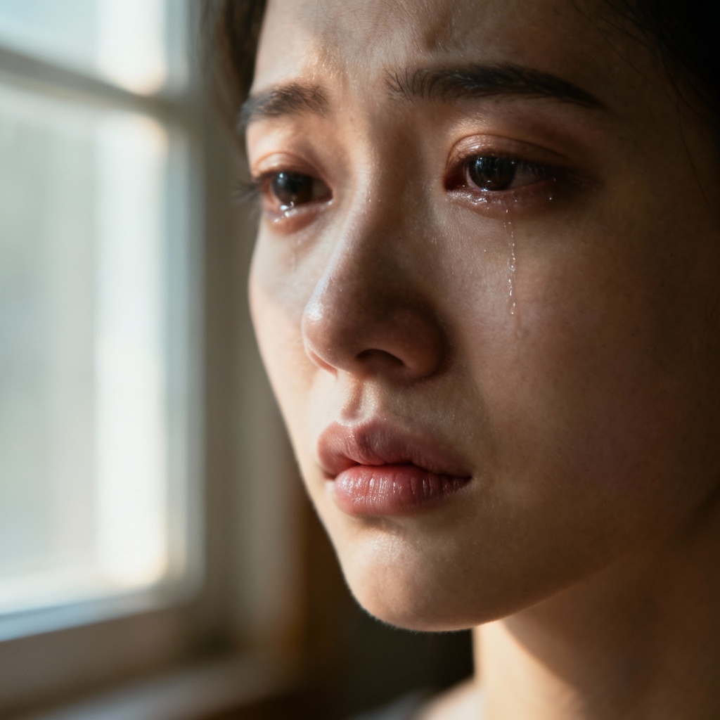 AI face showing subtle sadness in natural light