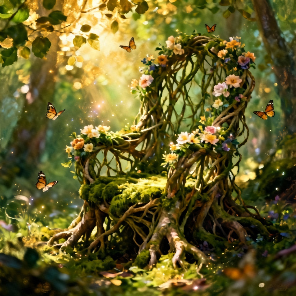 AI elven nature throne of roots and flowers