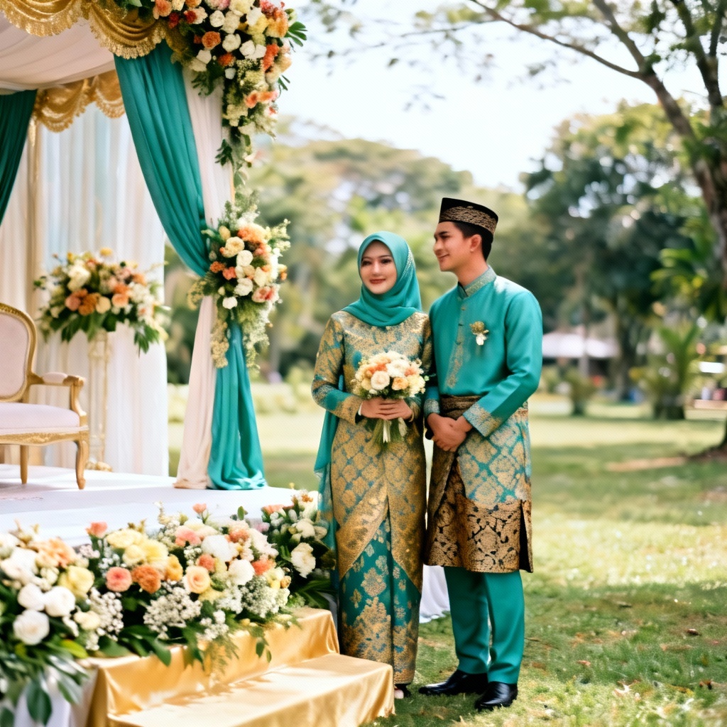 AI Malay Muslim wedding with traditional songket outfits