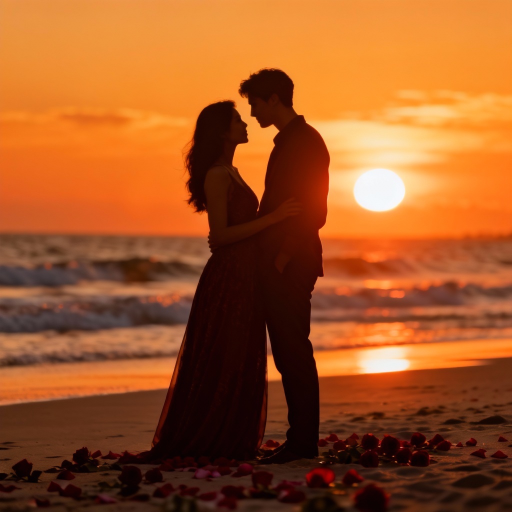 AI romantic beach proposal at sunset