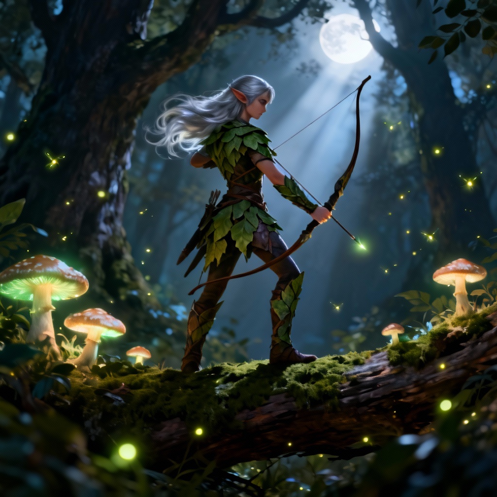 AI forest elf archer in a moonlit mossy forest