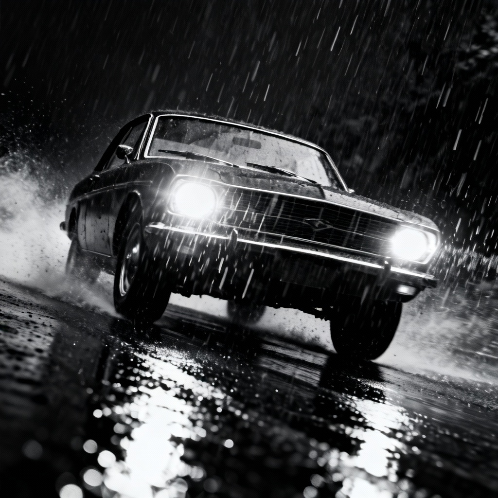 AI noir vintage car chase on wet street