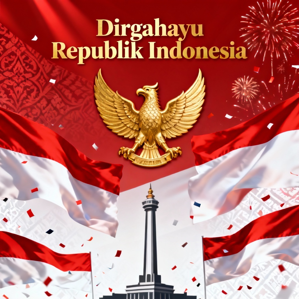 AI Indonesia Independence Day red and white celebration banner with Garuda and Monas