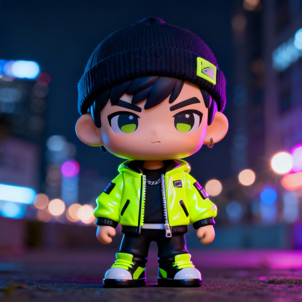 AI streetwear Pop Mart style avatar with neon jacket