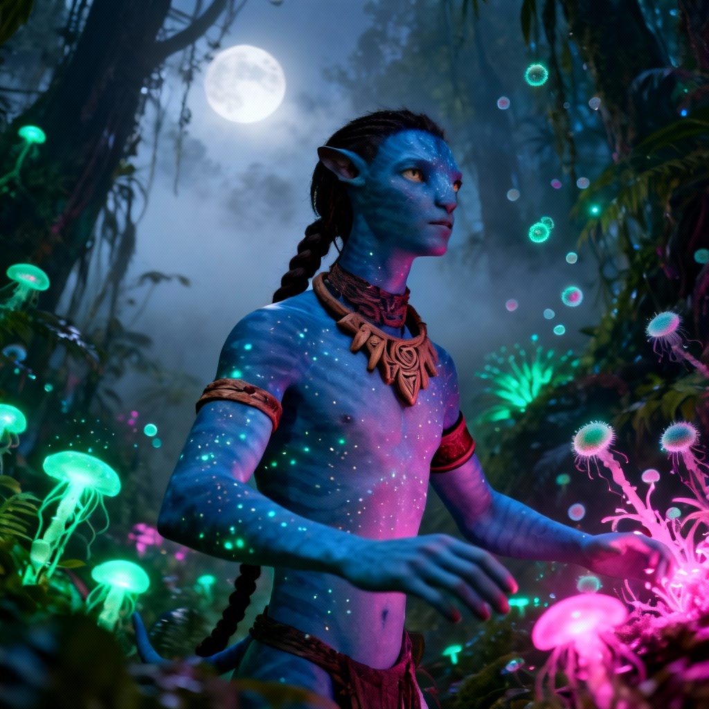 Blue alien avatar in a glowing rainforest with tribal ornaments