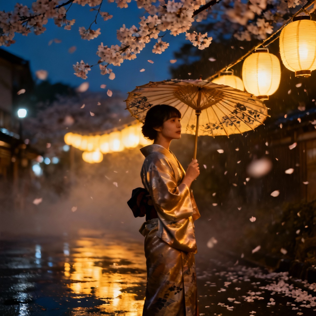 AI Kimono Under Sakura Night Scene