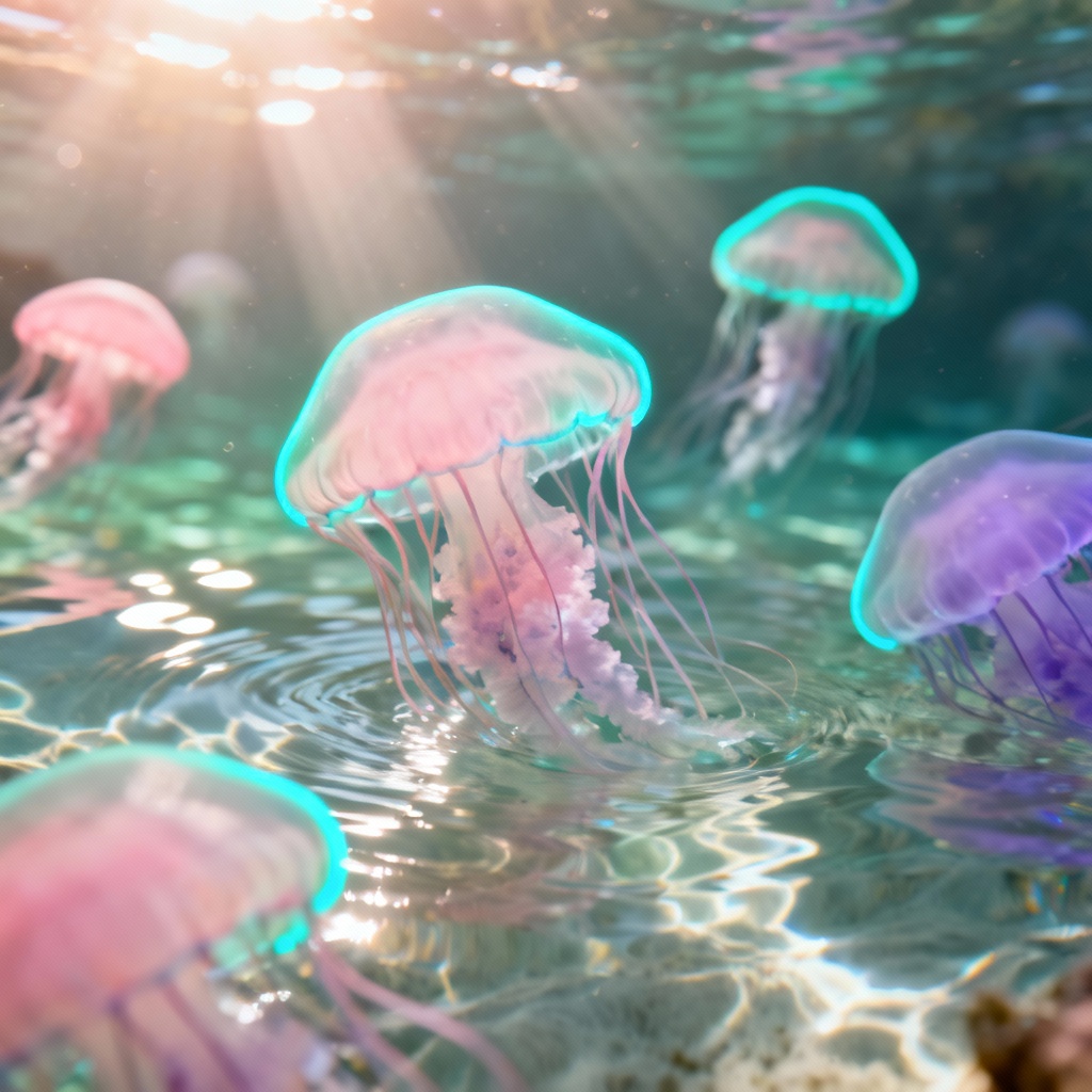AI neon glowing jellyfish in crystal lagoon