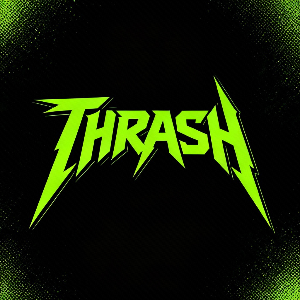 AI thrash metal logo with angular lightning letters and neon stroke
