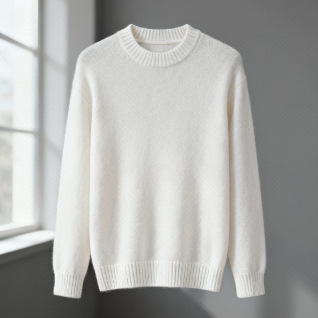 AI minimalist white cashmere crewneck sweater mockup