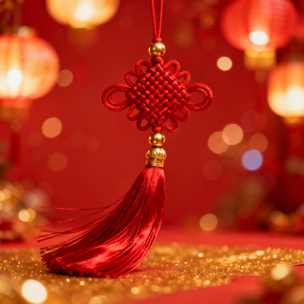 Traditional Chinese knot with red tassel and gold bead
