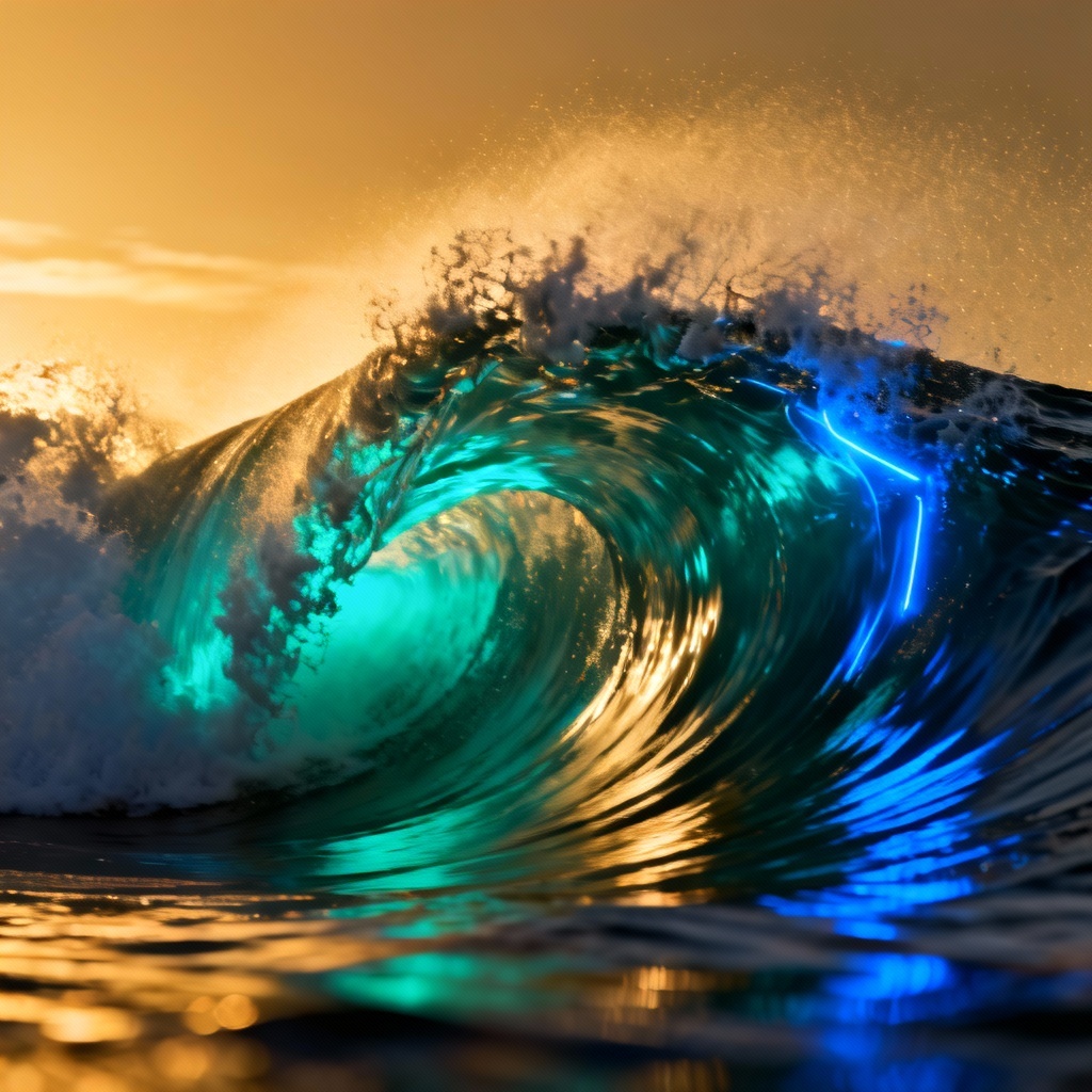 AI generated neon ocean wave poster with glowing foam