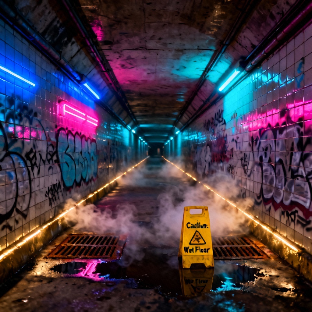 AI cyberpunk subway tunnel with neon reflections