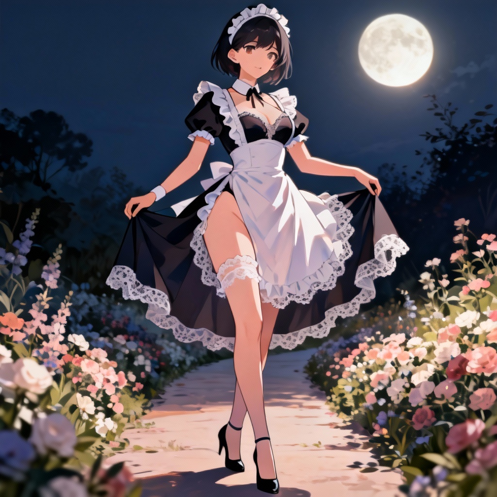 Anime sexy maid in a moonlit garden setting