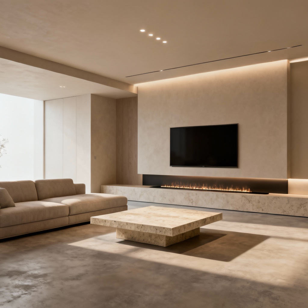 AI modern minimalist living room with fireplace wall