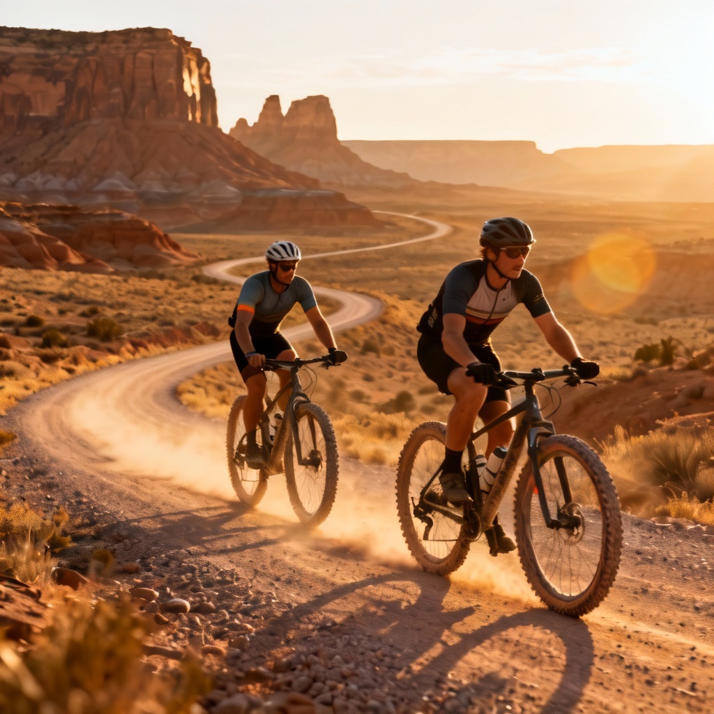 AI gravel cyclists riding into a golden sunset with dust trails