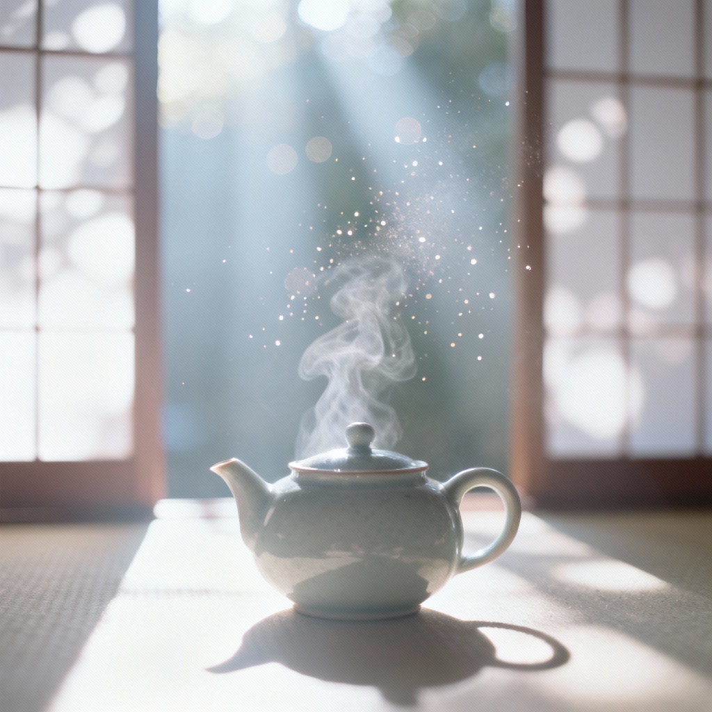 AI ethereal tea room with sunbeams and steam