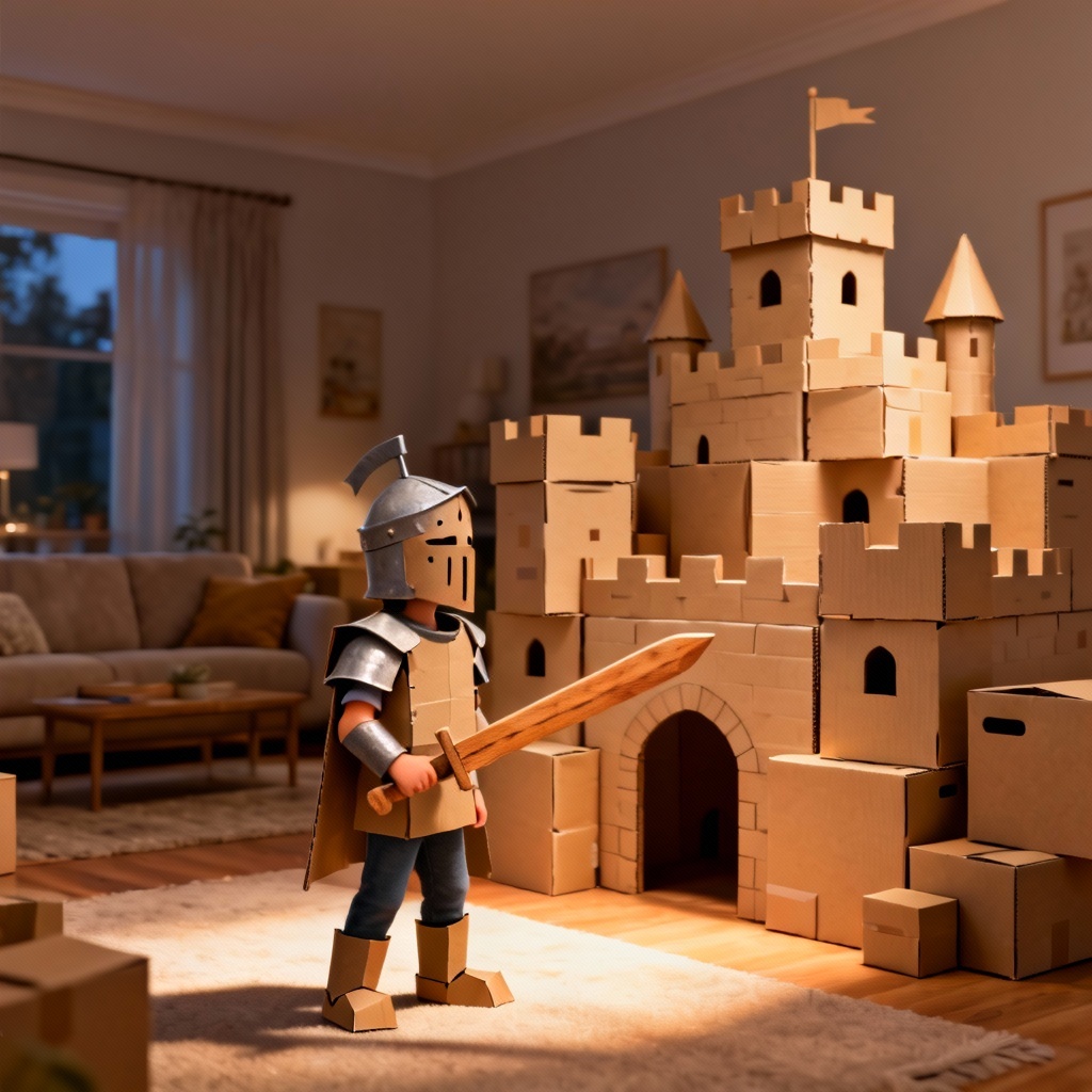 Imaginative boy wearing cardboard knight armor in a living room