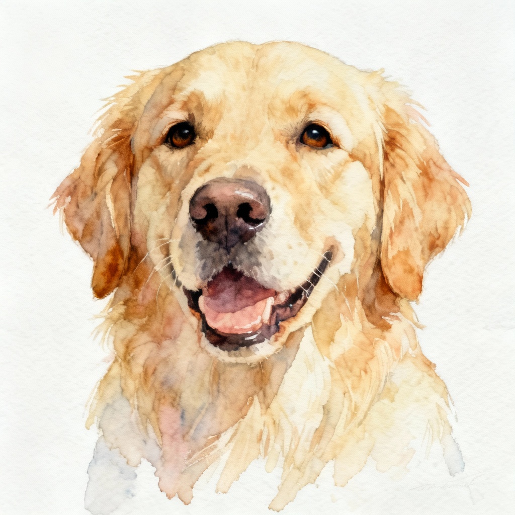 AI watercolor pet portrait of a golden retriever on white background