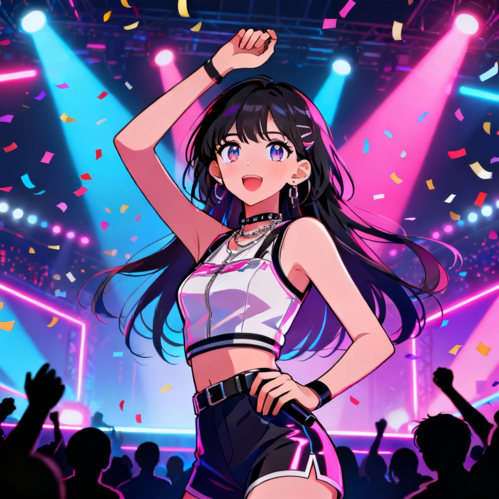 AI manhwa idol performance on a neon-lit stage