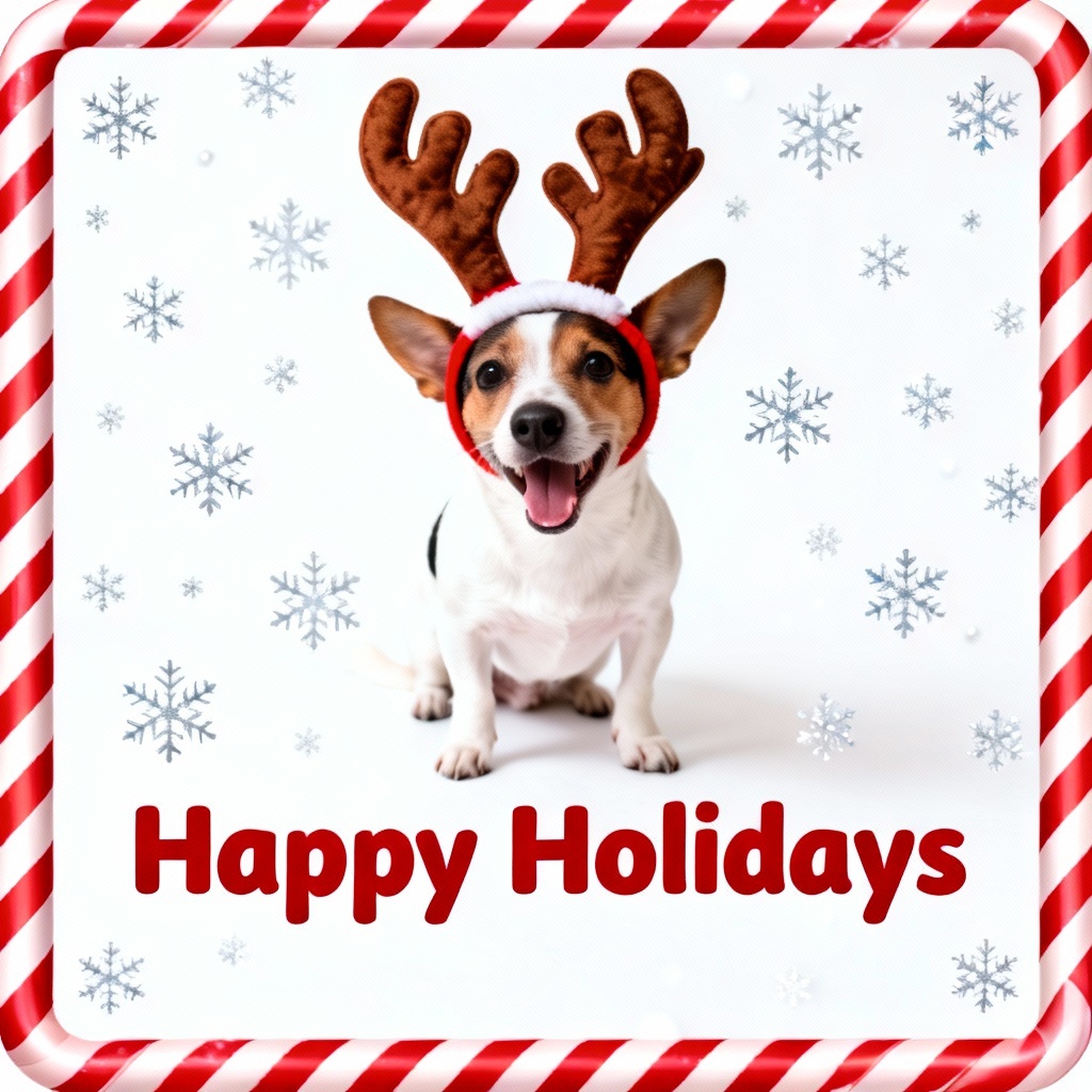 AI pet Christmas card featuring a dog with reindeer antlers