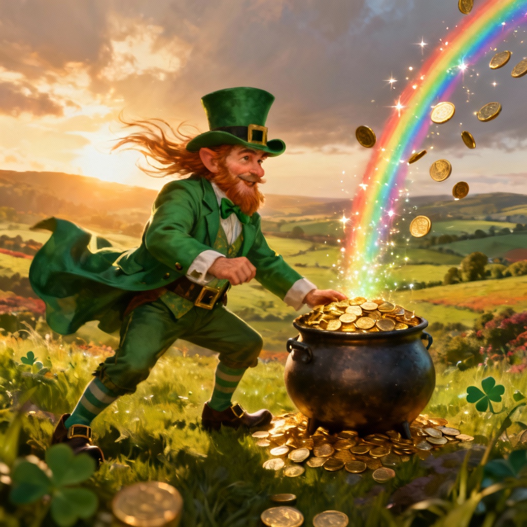 AI leprechaun guarding a pot of gold beneath a rainbow