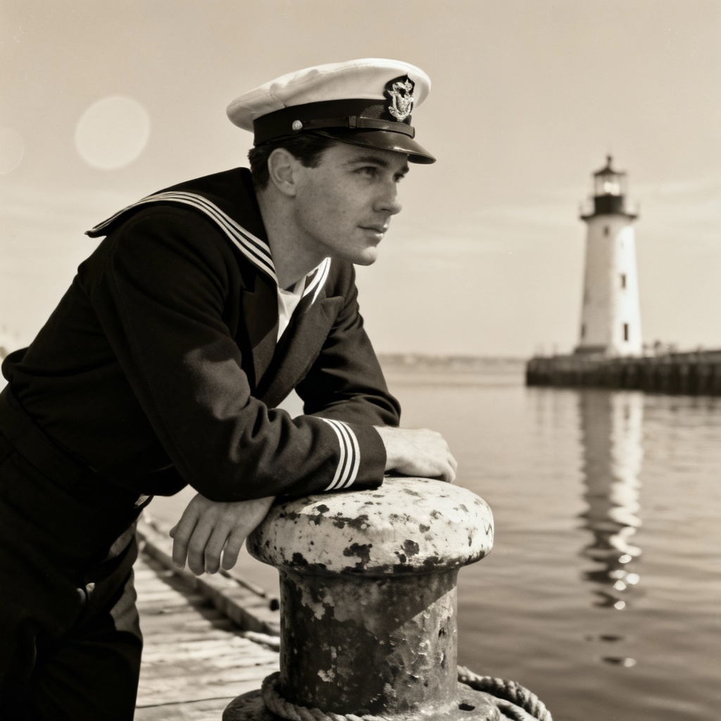 Black and white vintage 1940s sailor near a lighthouse