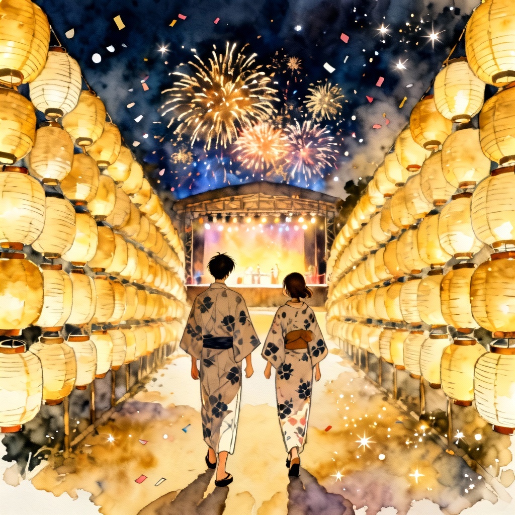 AI anime fireworks date in a lantern tunnel at a festival