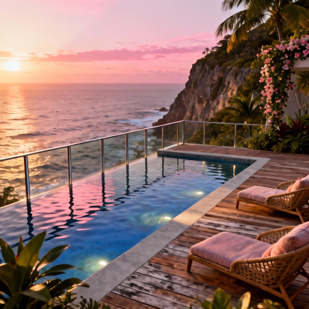 AI cliffside infinity pool overlooking ocean at sunset