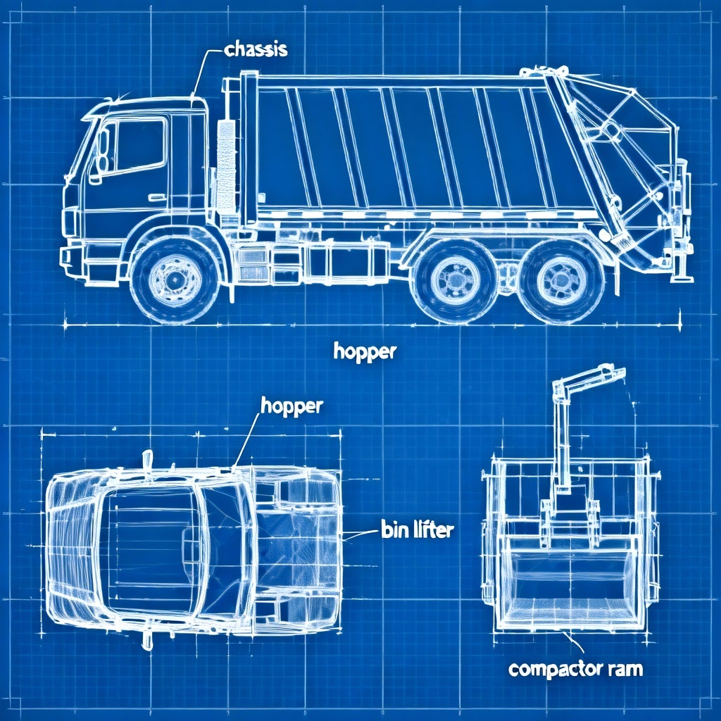 AI garbage truck blueprint with labeled components
