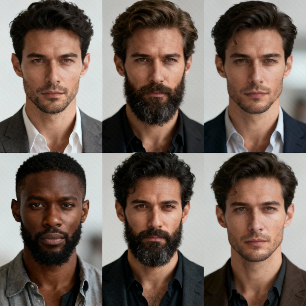 Collage of AI-generated masculine portraits in different styles