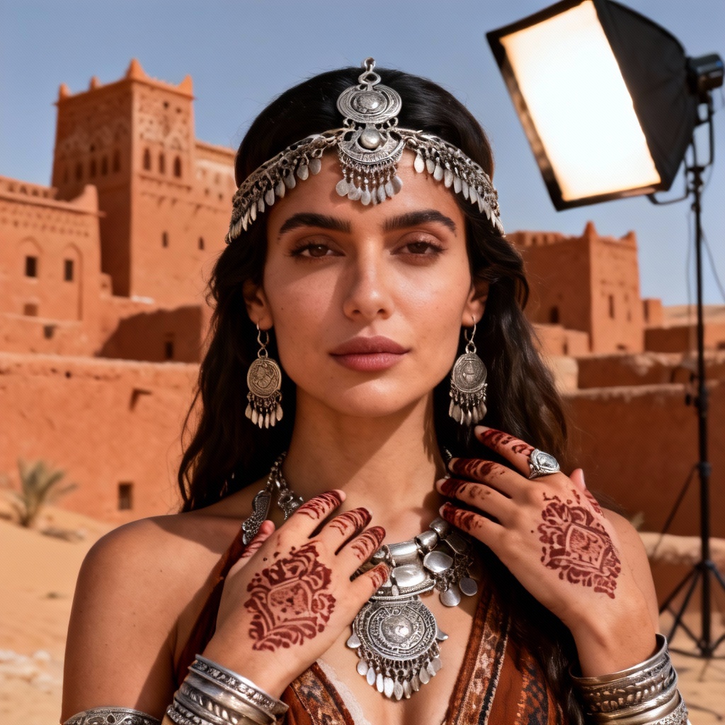AI Moroccan portrait with Amazigh jewelry and desert kasbah backdrop