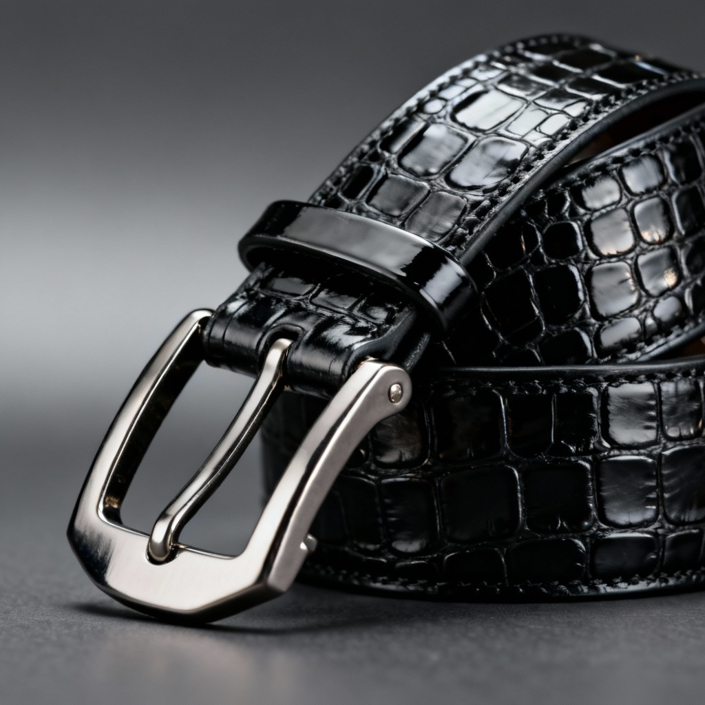 AI black croc-embossed vegan leather belt with gunmetal buckle