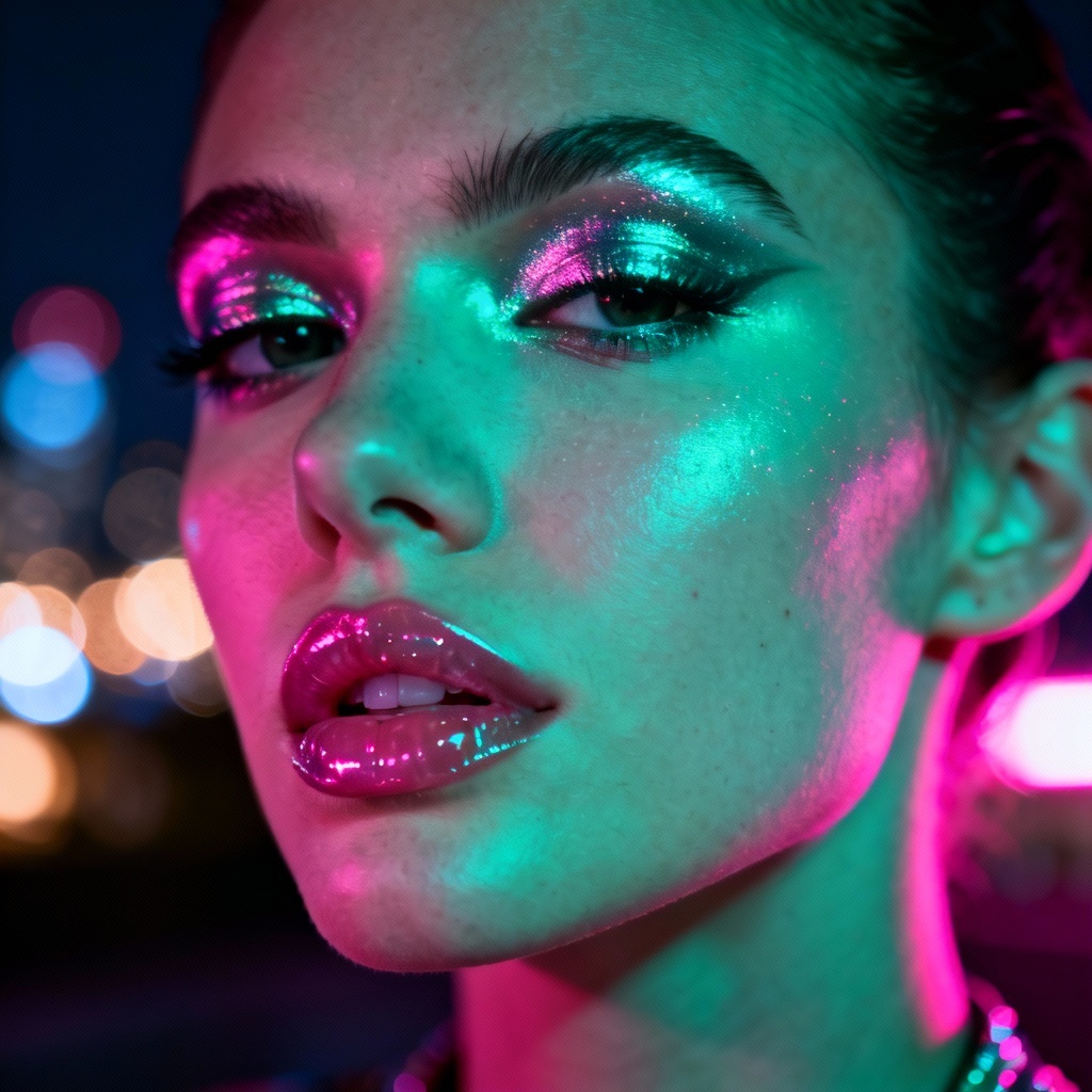 AI neon beauty portrait with color gels