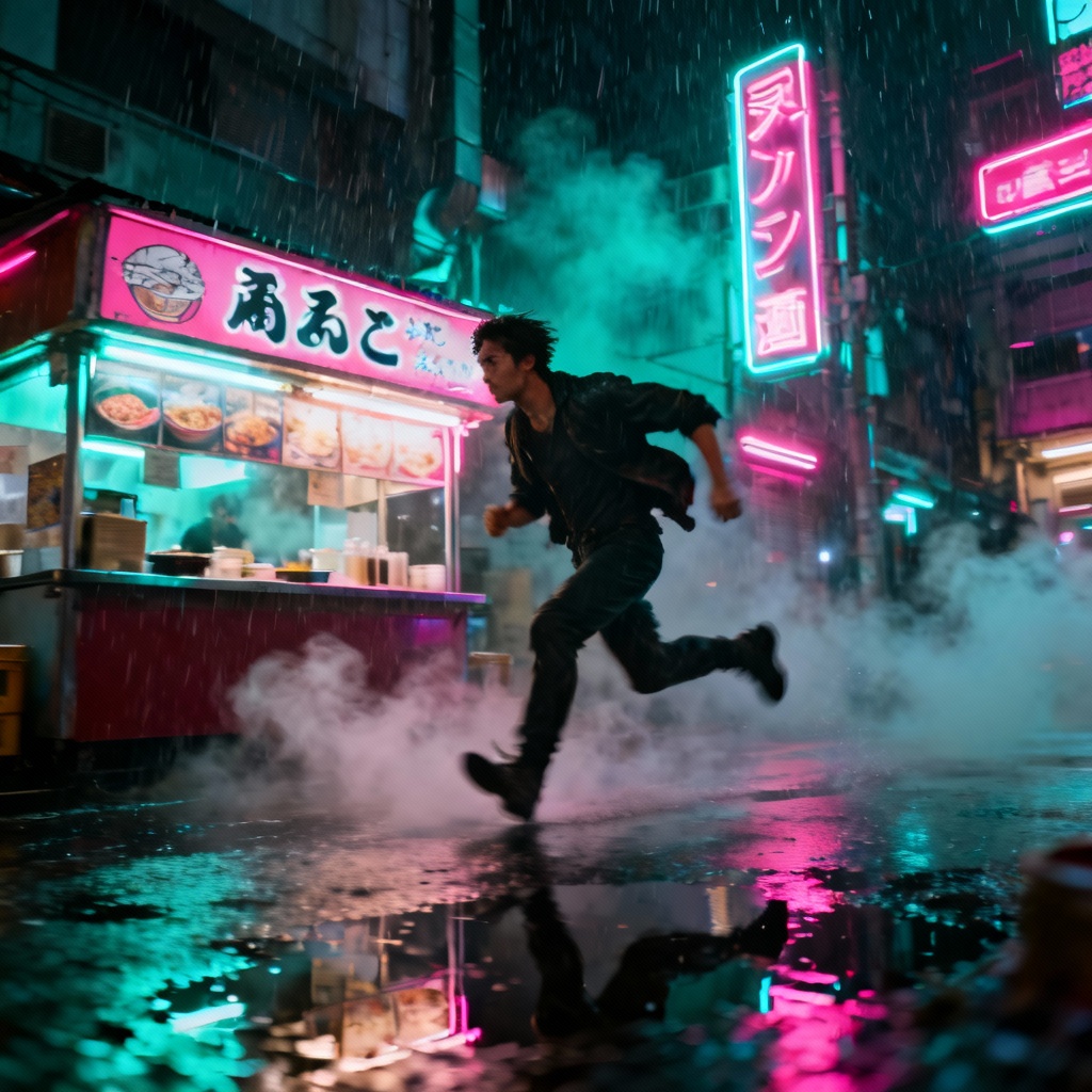 AI animated cyberpunk street scene with neon lights and rain