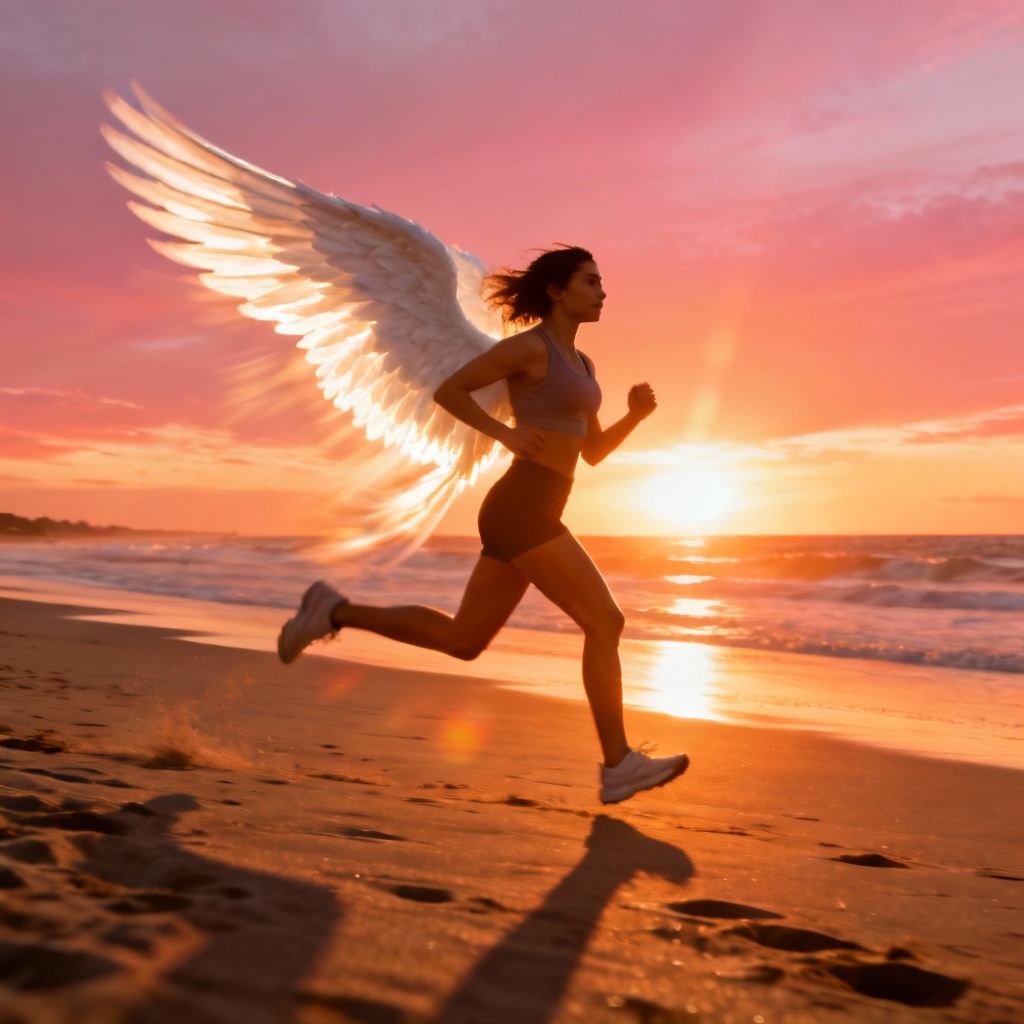 Athletic woman with angel wings on sunset beach