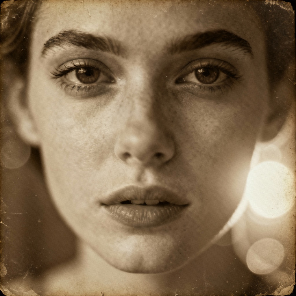 Sepia-toned portrait with soft glow and analog grain