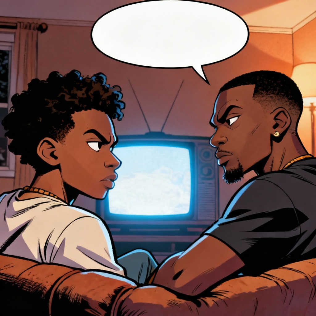 AI Boondocks-style living room roast comic panel