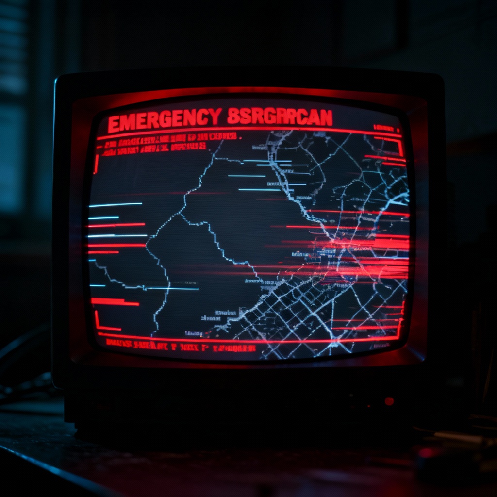 AI analog horror emergency broadcast with CRT scanlines