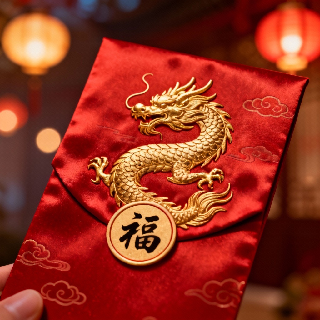 AI digital hongbao with gold dragon and red silk texture