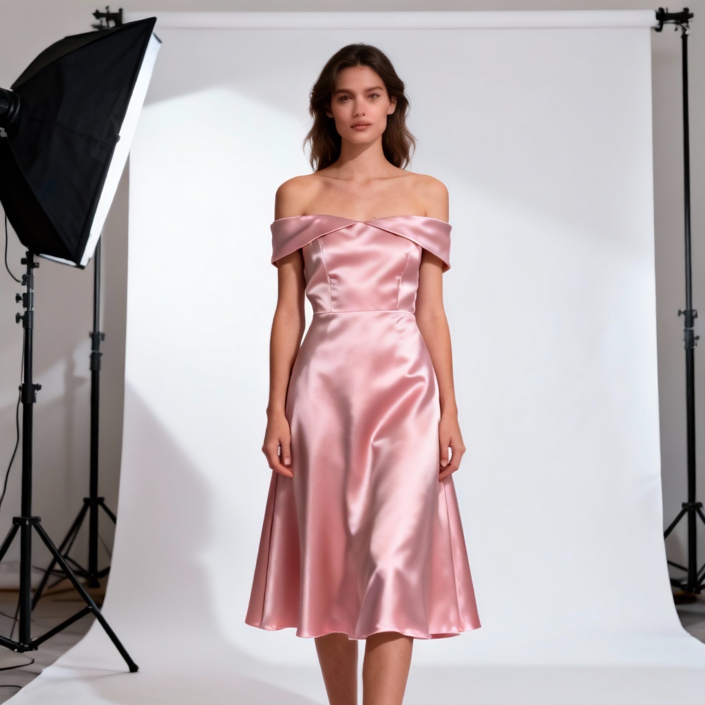 AI model wearing blush pink satin A-line dress in studio